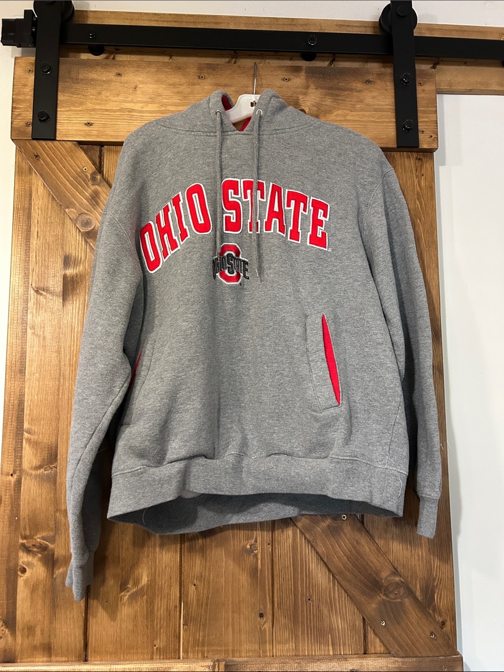 Champs Gray Crewneck Hoodie with Red Ohio State Script